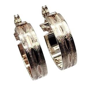 Vintage Monet Clip On Hoop Earrings Silver Tone Textured Etched 1970s Mod
